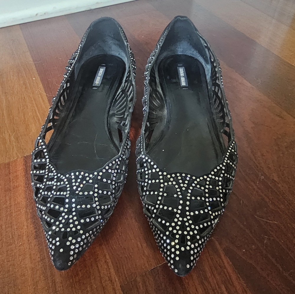 Armani Black Suede Cutout Flats With Swarovski Embellishments Size 39.5